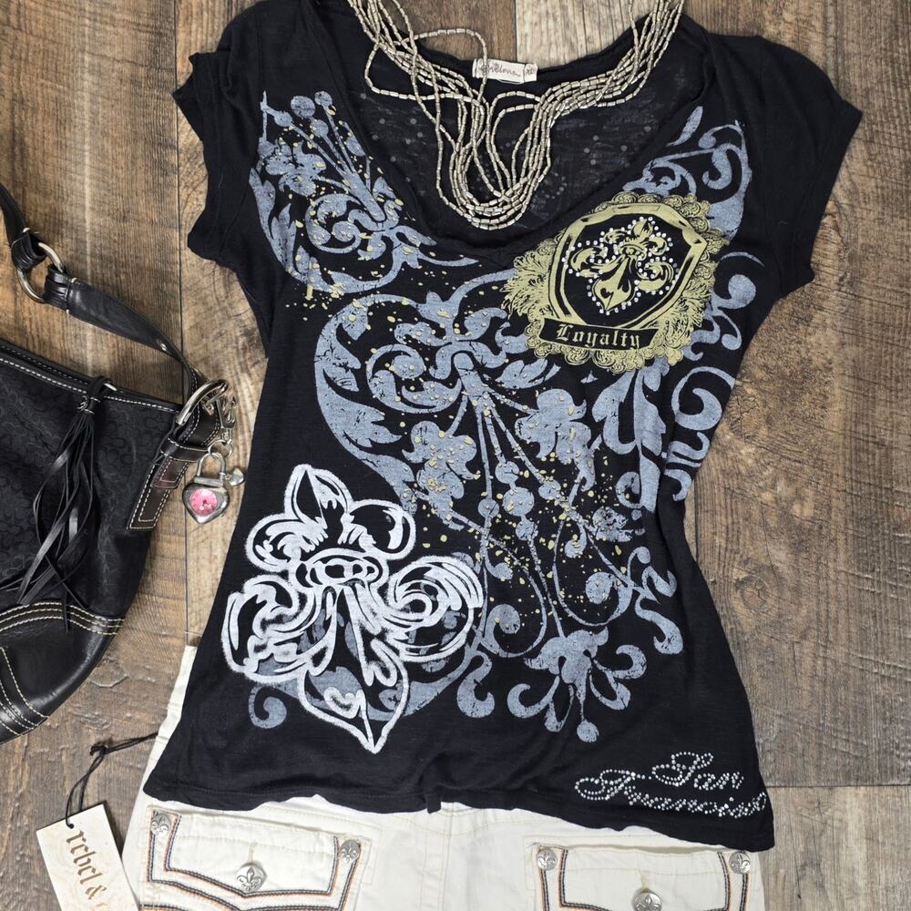 Cyber Y2K Rhinestone Baby Tee Black Tattoo Print  McBling 2000s